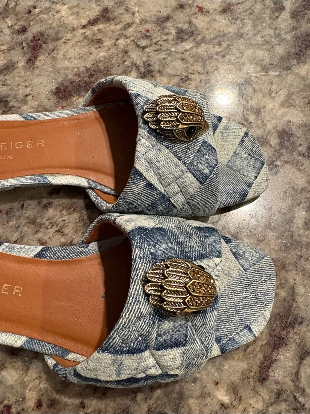 Kurt Geiger Quilted Denim Slide Mules with Gold Emblem
